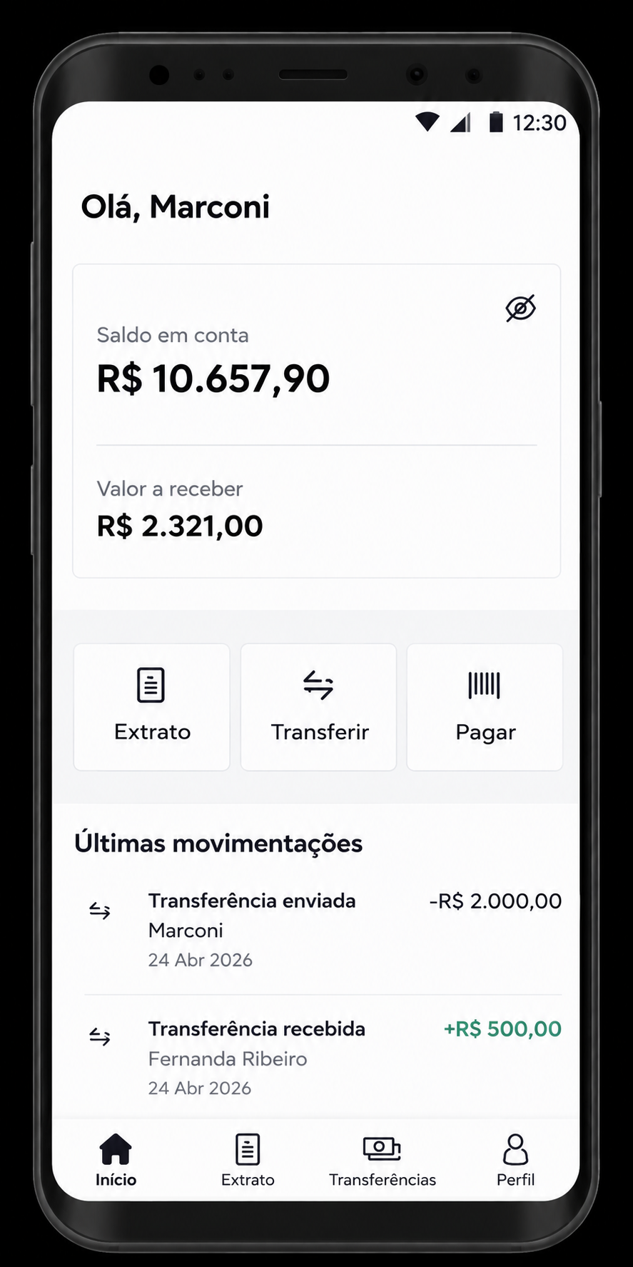Painel do banco do Marconi mostrando saldo de R$ 10.657,90